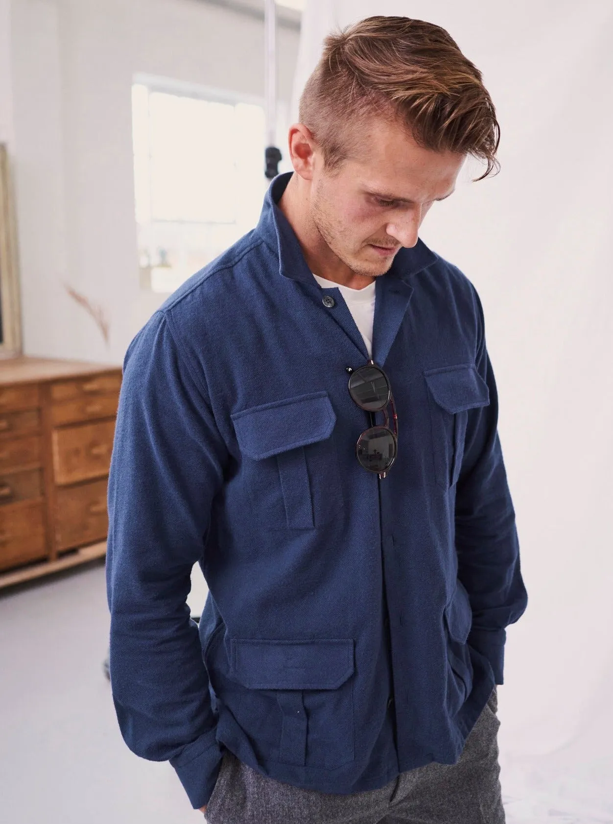 Recycled Italian Flannel Over-Shirt - Navy