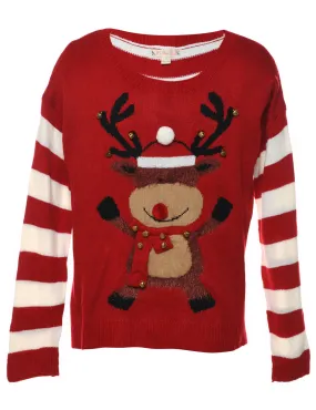 Reindeer Design Red & White Christmas Jumper - L