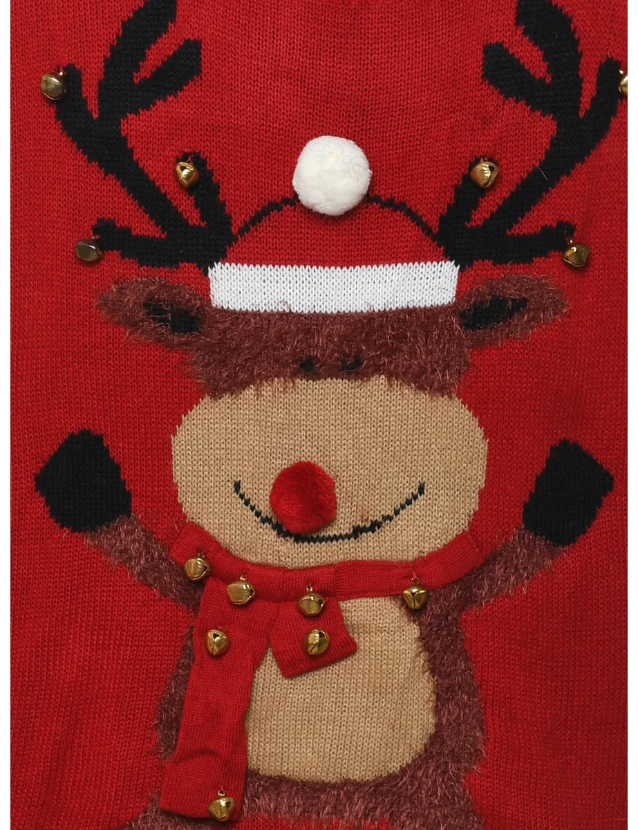 Reindeer Design Red & White Christmas Jumper - L