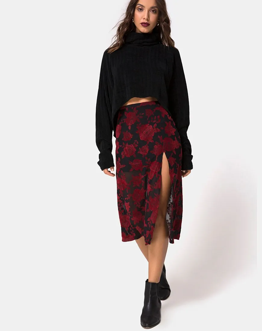 Saika Midi Skirt in Romantic Red Rose Flock