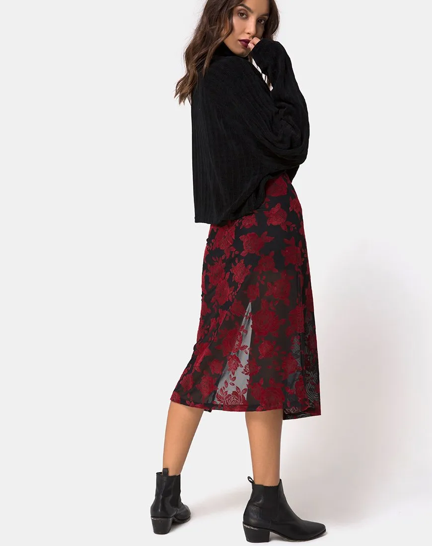 Saika Midi Skirt in Romantic Red Rose Flock