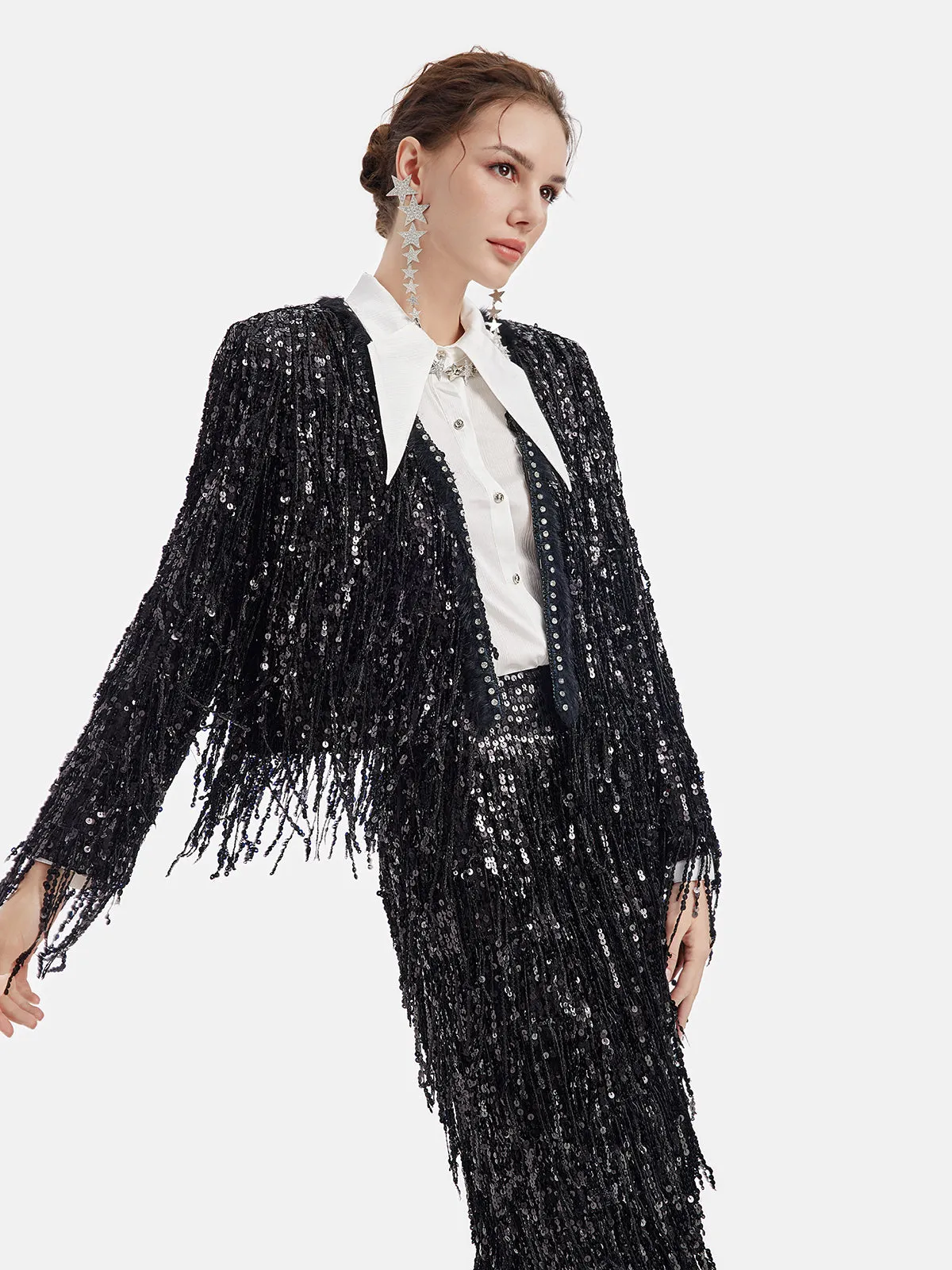 Sequined Beaded Fringe Cropped Jacket