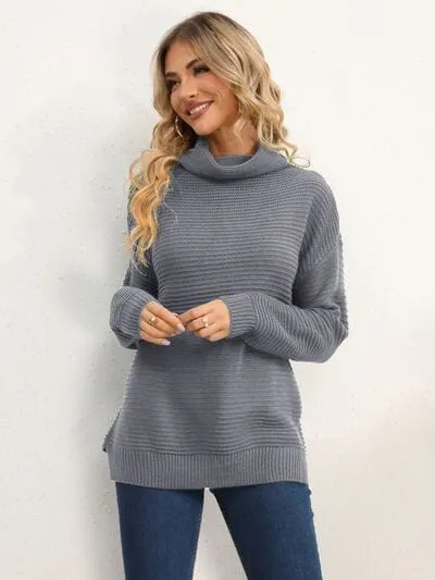 Slit Turtleneck Dropped Shoulder Sweater