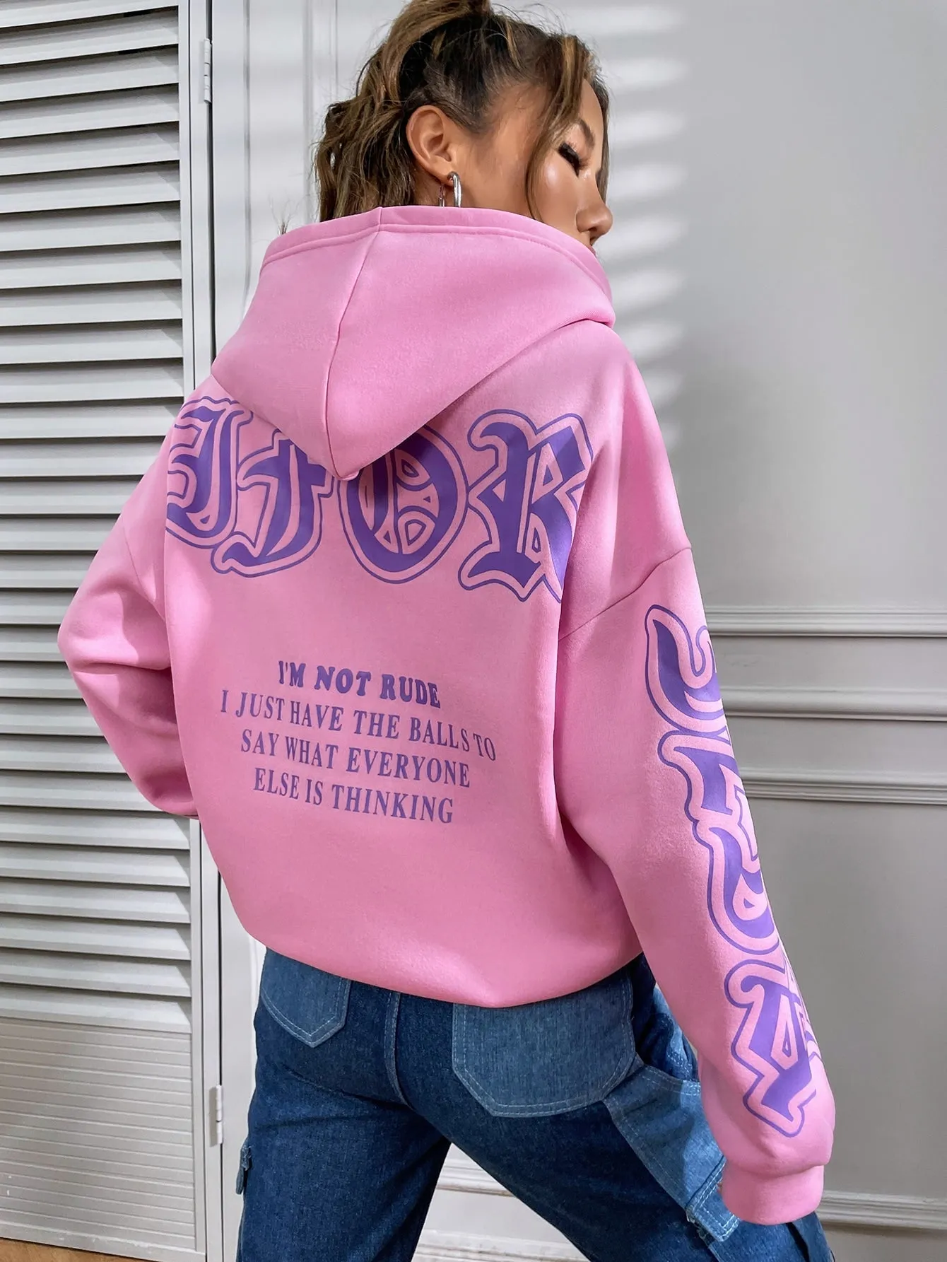 Slogan Graphic Drop Shoulder Thermal Lined Sweatshirt  FW22 FD