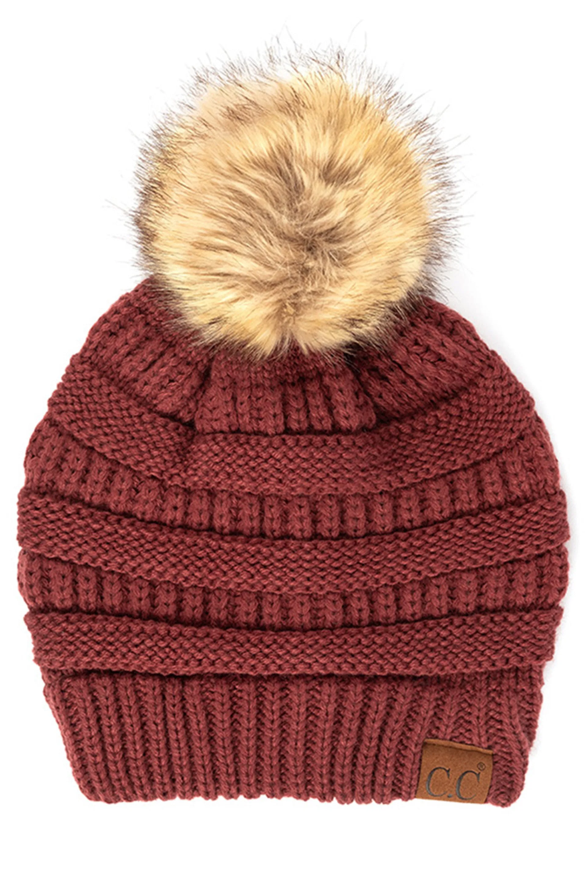 SOLID CROCHET BEANIE W/ FUR POM POM