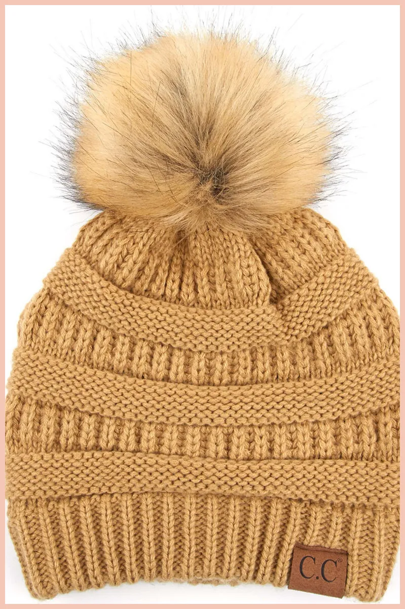 SOLID CROCHET BEANIE W/ FUR POM POM