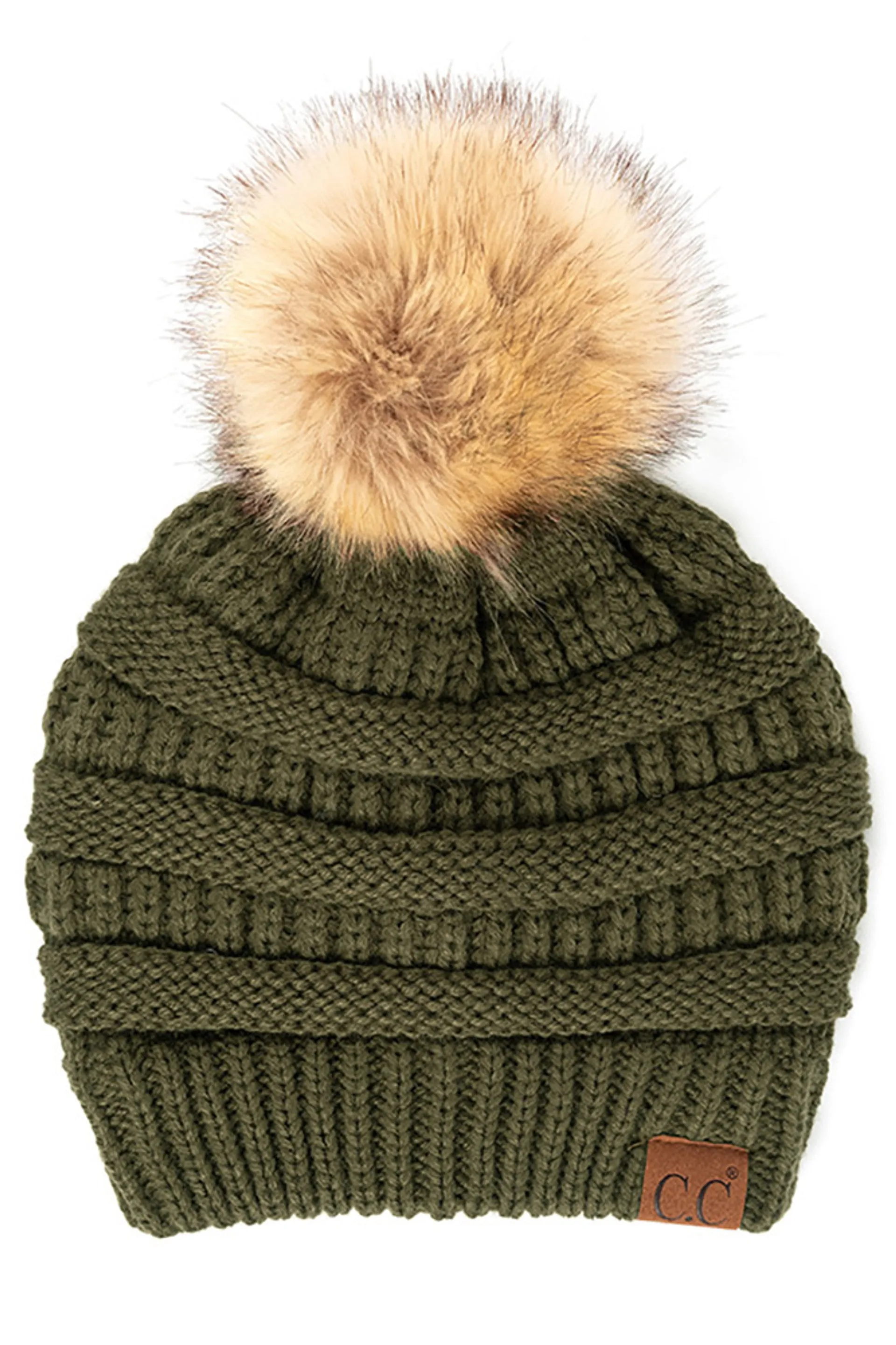 SOLID CROCHET BEANIE W/ FUR POM POM