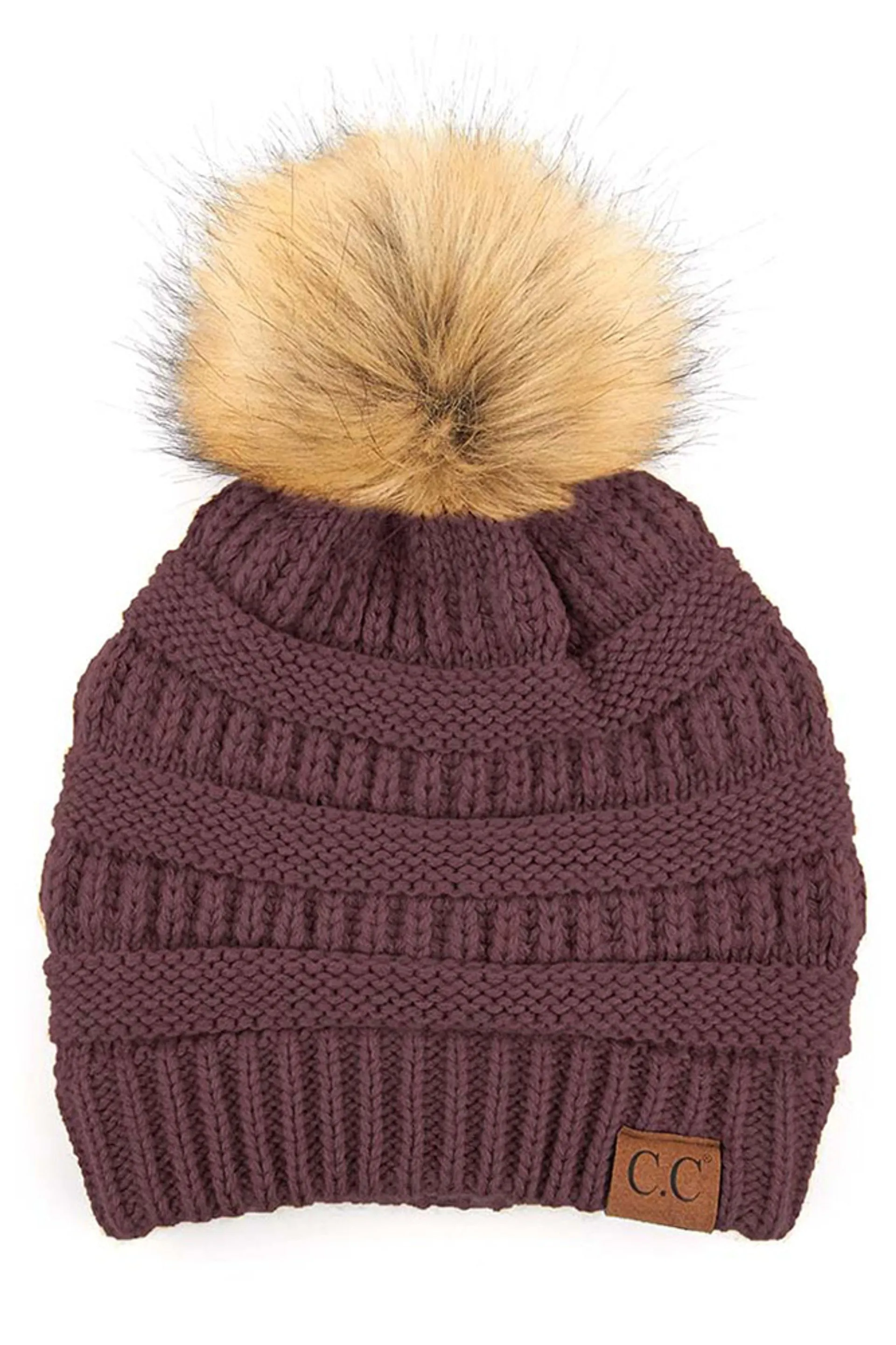 SOLID CROCHET BEANIE W/ FUR POM POM