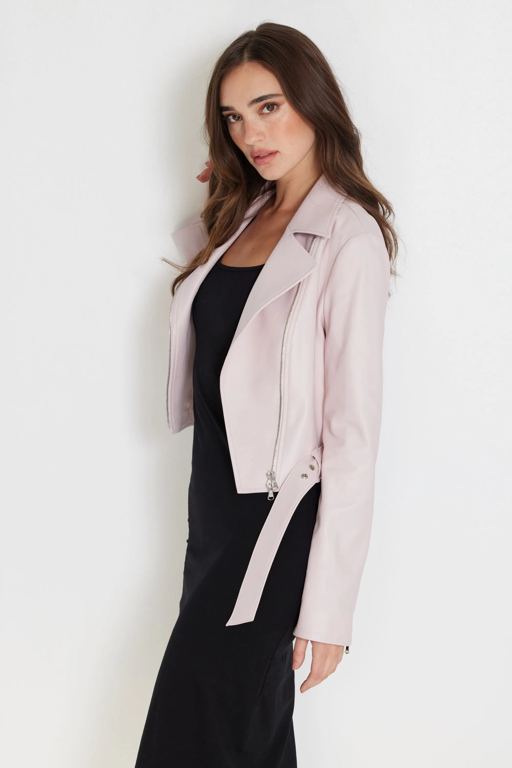 Stretch Leather Belted Biker Jacket-Pink