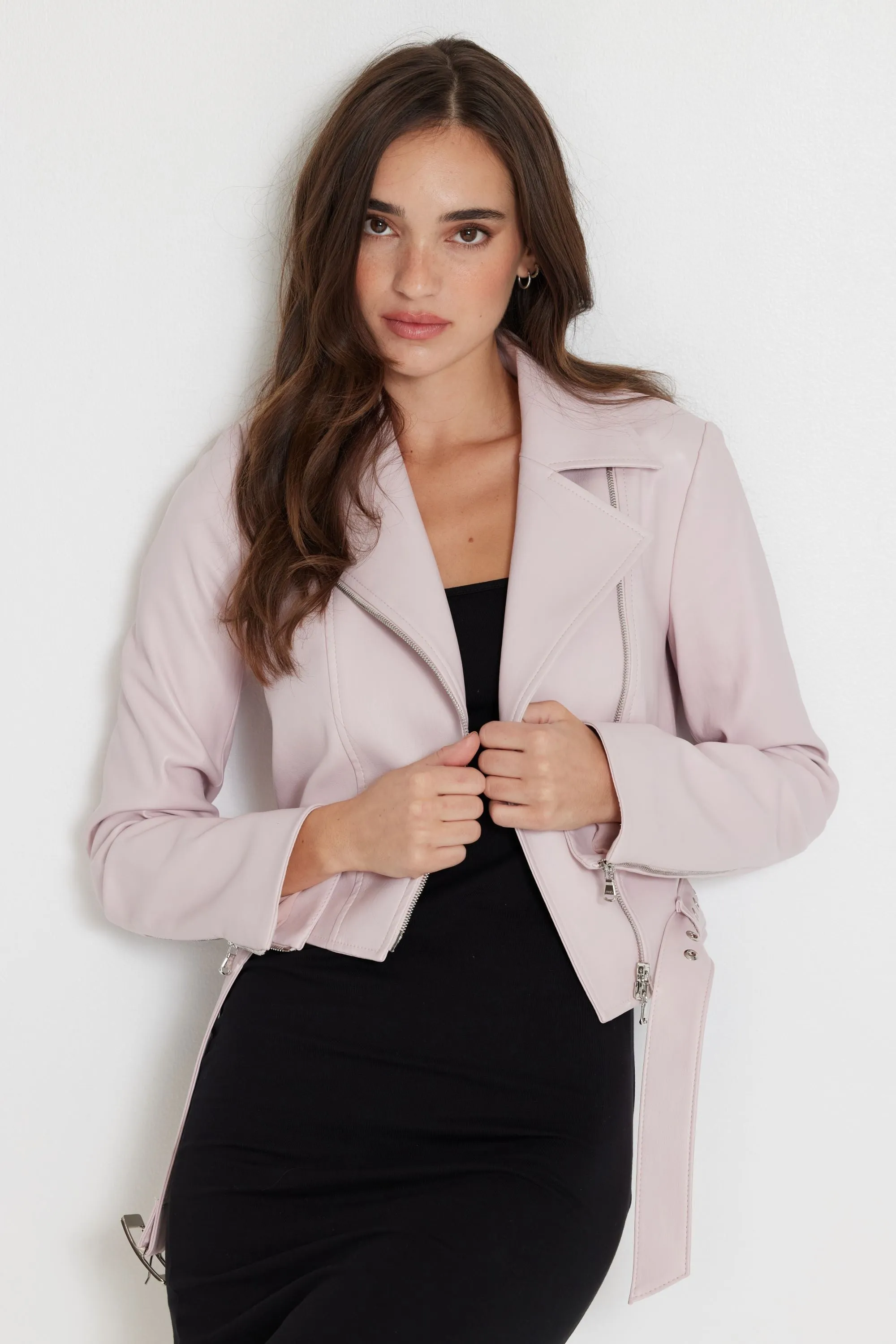 Stretch Leather Belted Biker Jacket-Pink