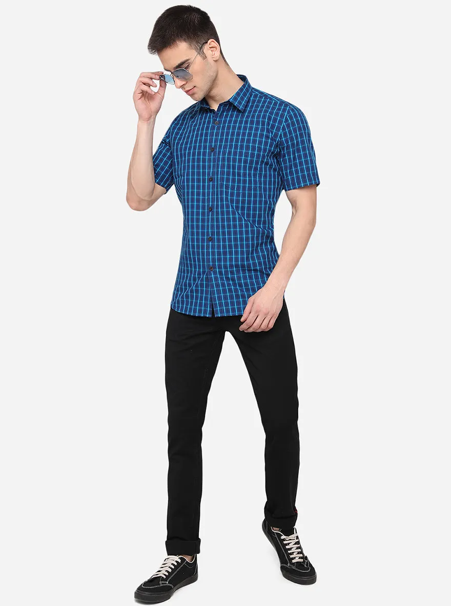 Teal Blue Checked Slim Fit Semi Casual Shirt | Greenfibre