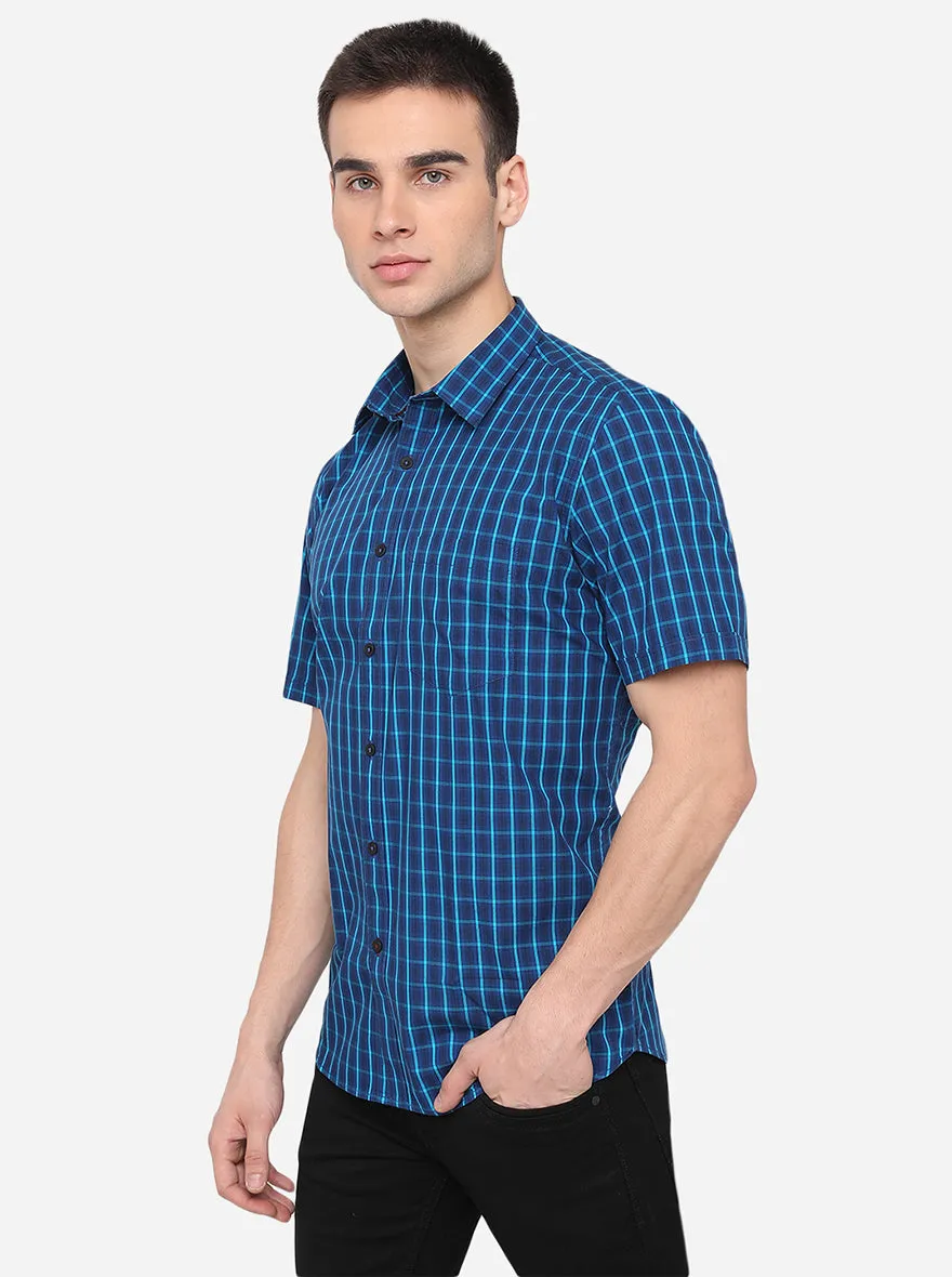 Teal Blue Checked Slim Fit Semi Casual Shirt | Greenfibre