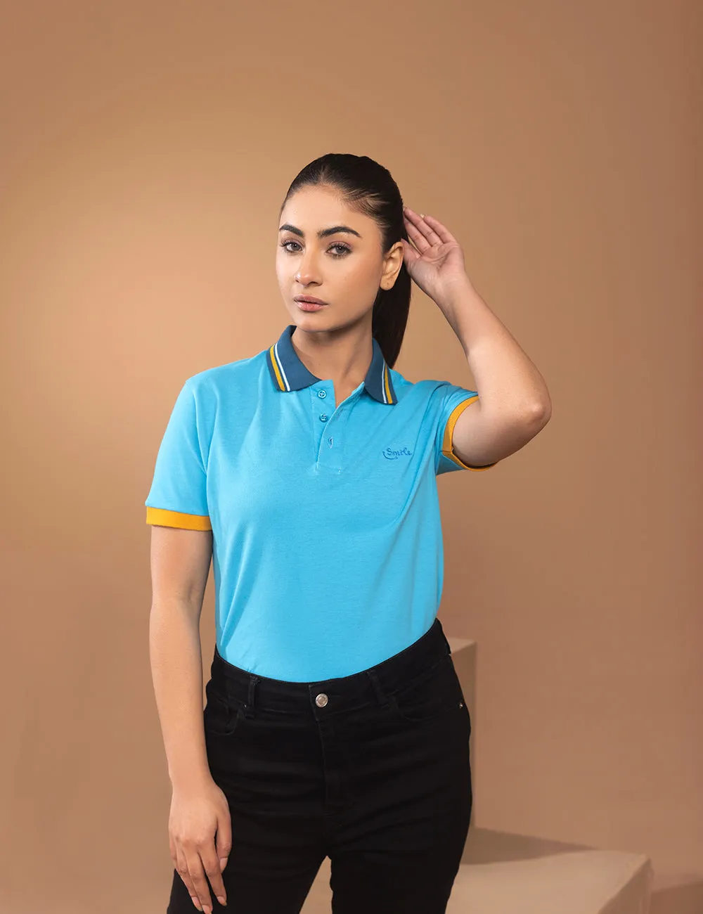 Turquoise Contrast Collar Women Polo Shirt