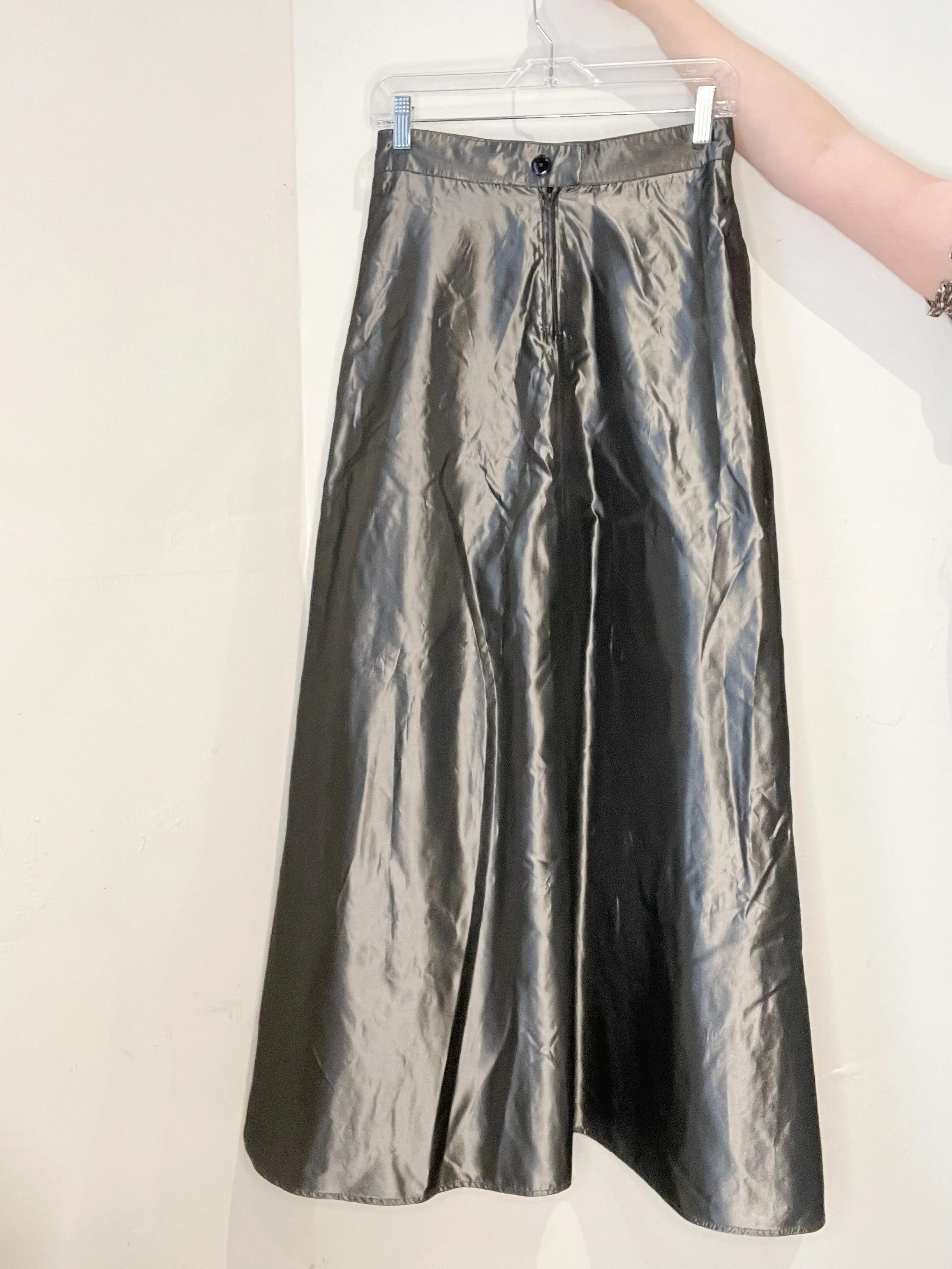 Vintage 90's Silver Satin Maxi A-Line Skirt - Small