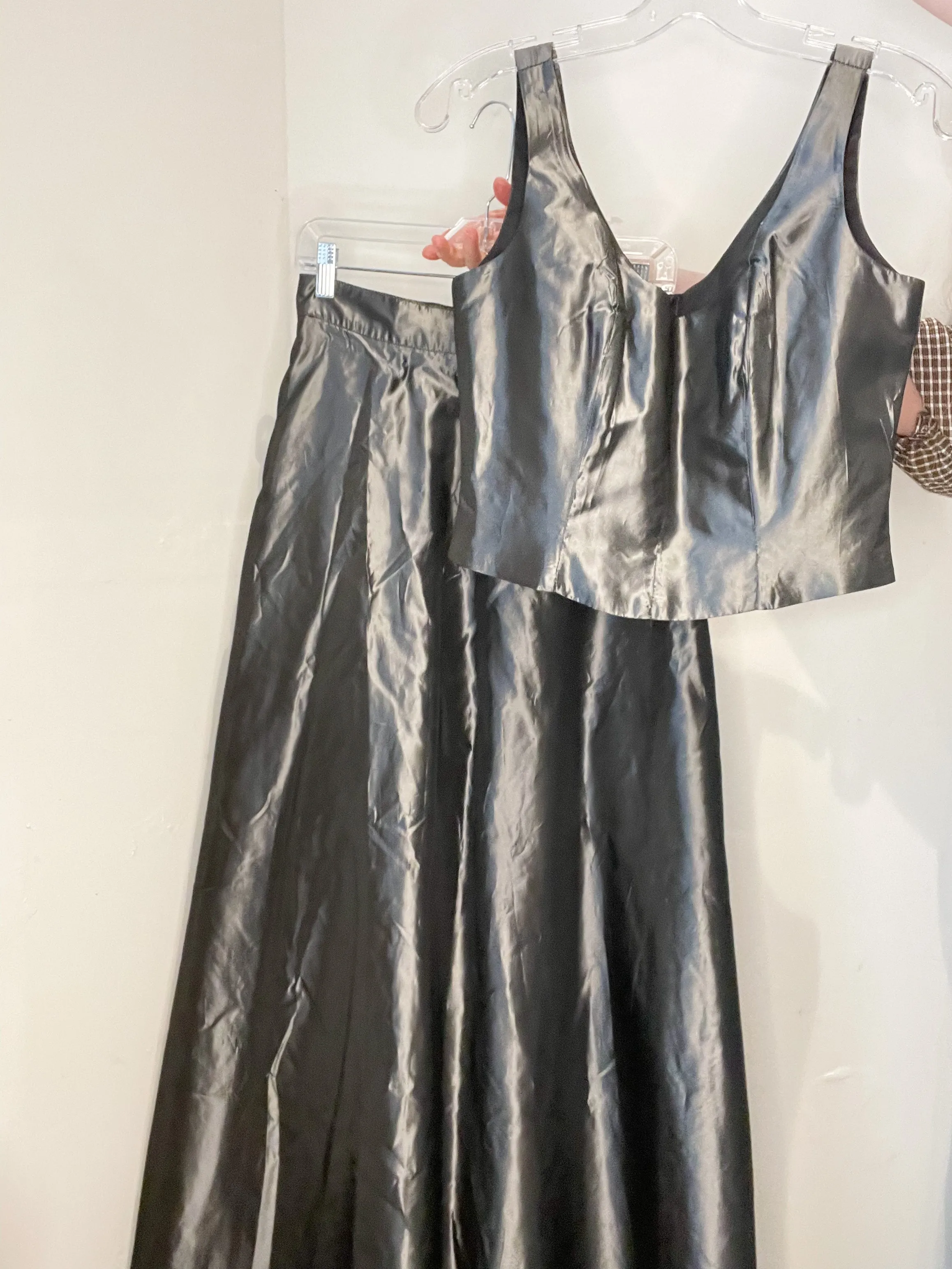 Vintage 90's Silver Satin Maxi A-Line Skirt - Small