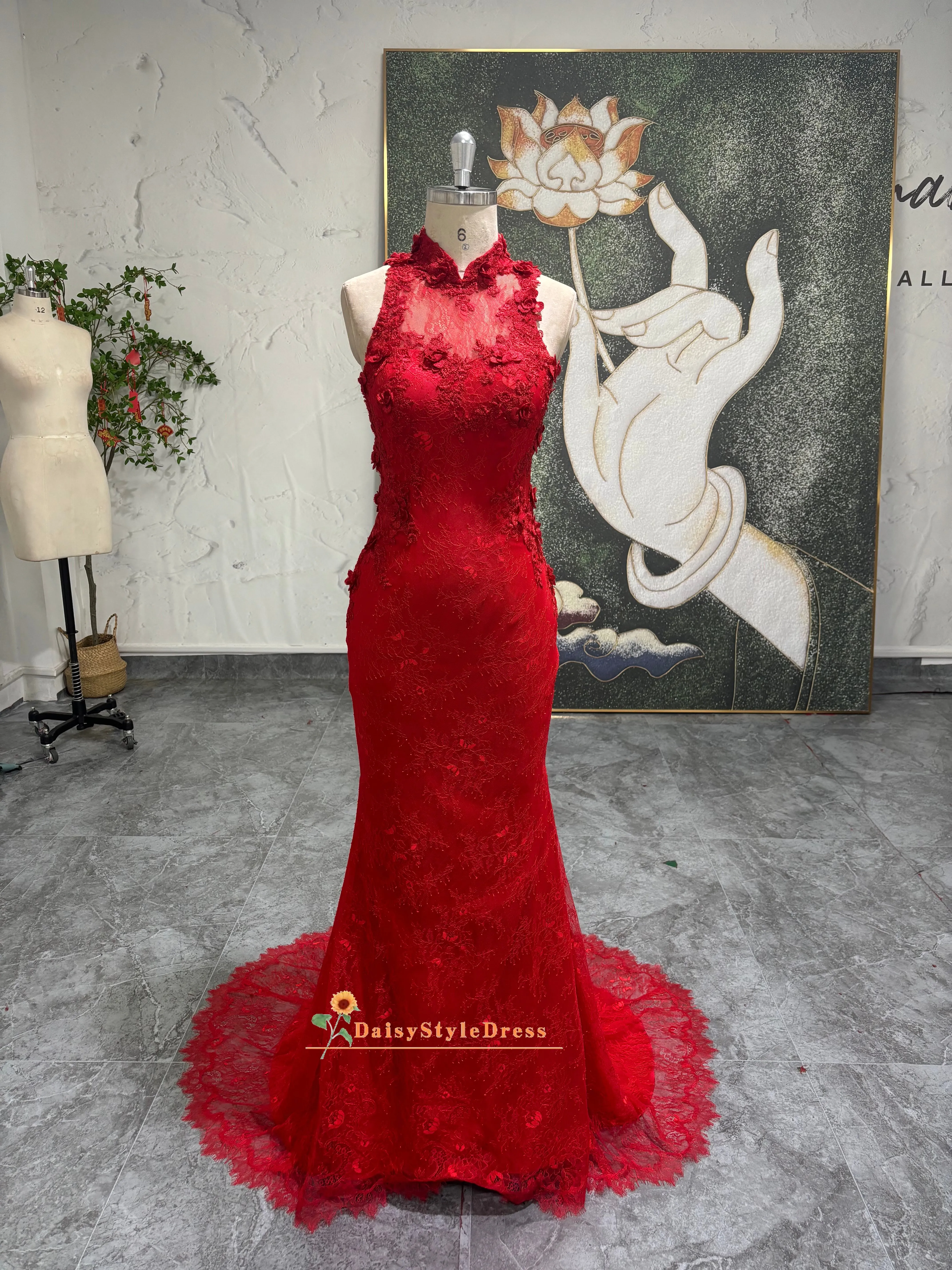 Vintage Mermaid Red Lace Wedding Dress