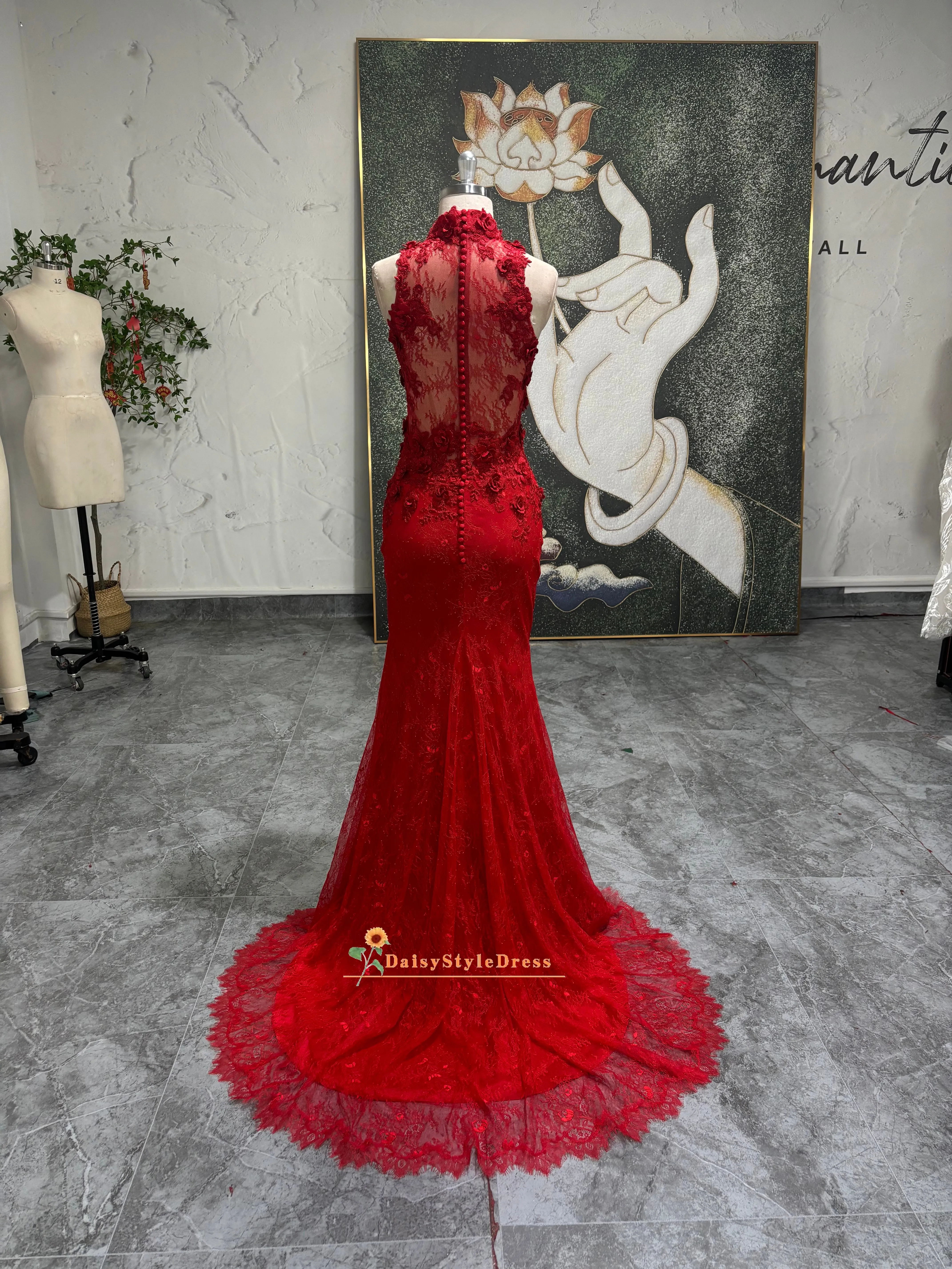 Vintage Mermaid Red Lace Wedding Dress