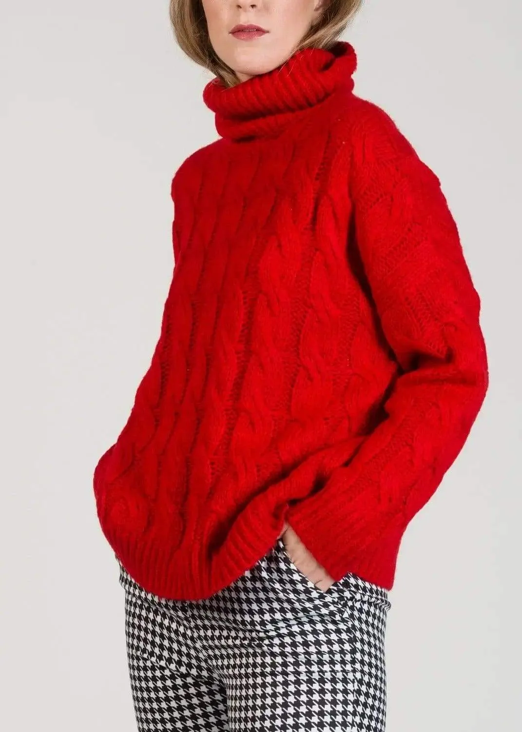 Warm Winter Red Cable Knit Jumper with Roll Neck by Linu