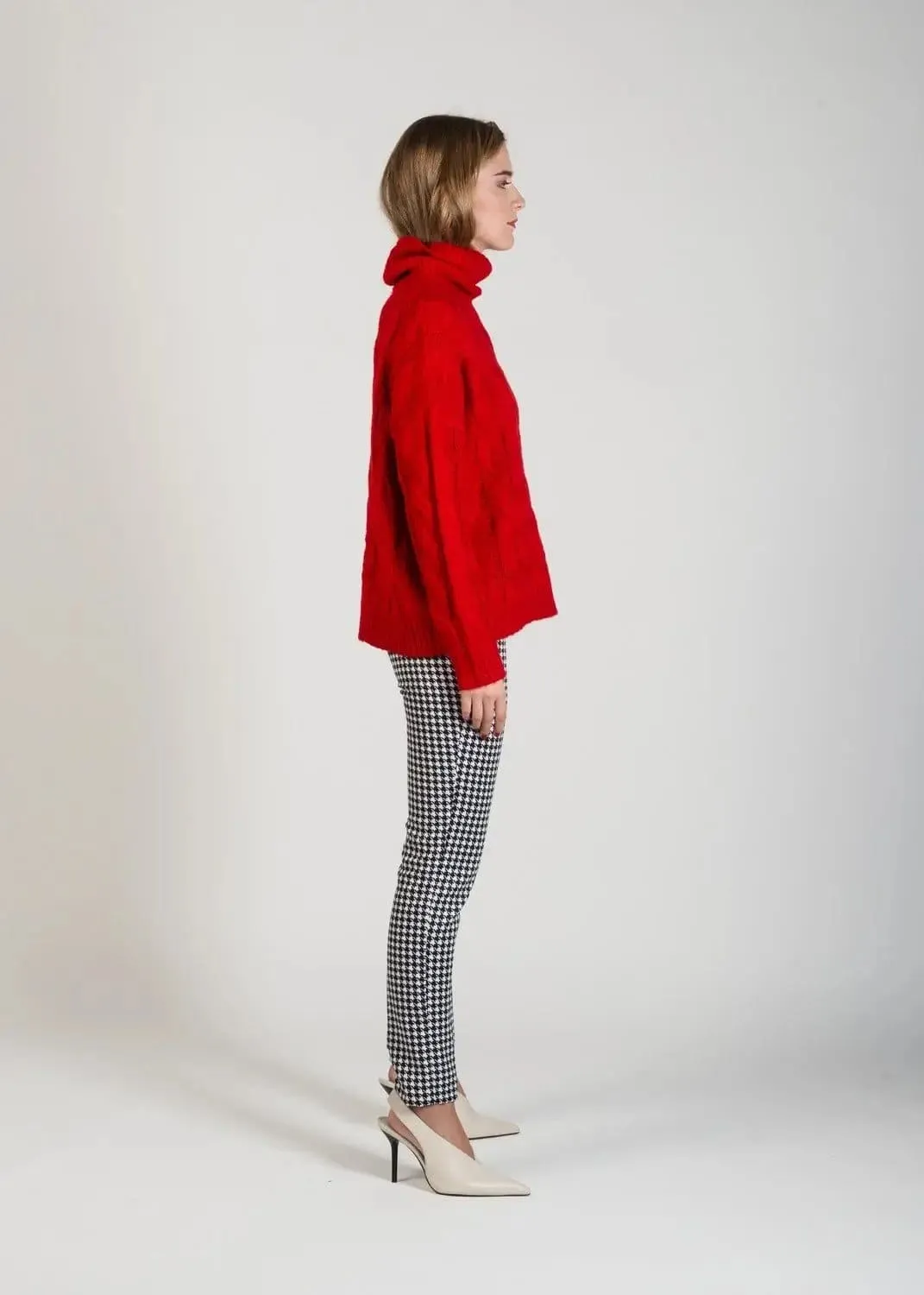 Warm Winter Red Cable Knit Jumper with Roll Neck by Linu