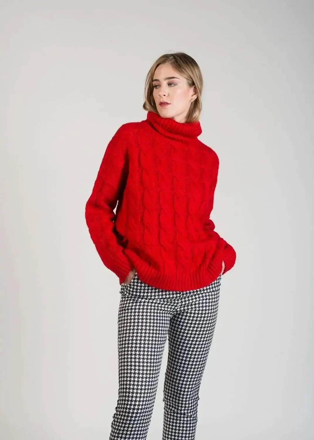 Warm Winter Red Cable Knit Jumper with Roll Neck by Linu