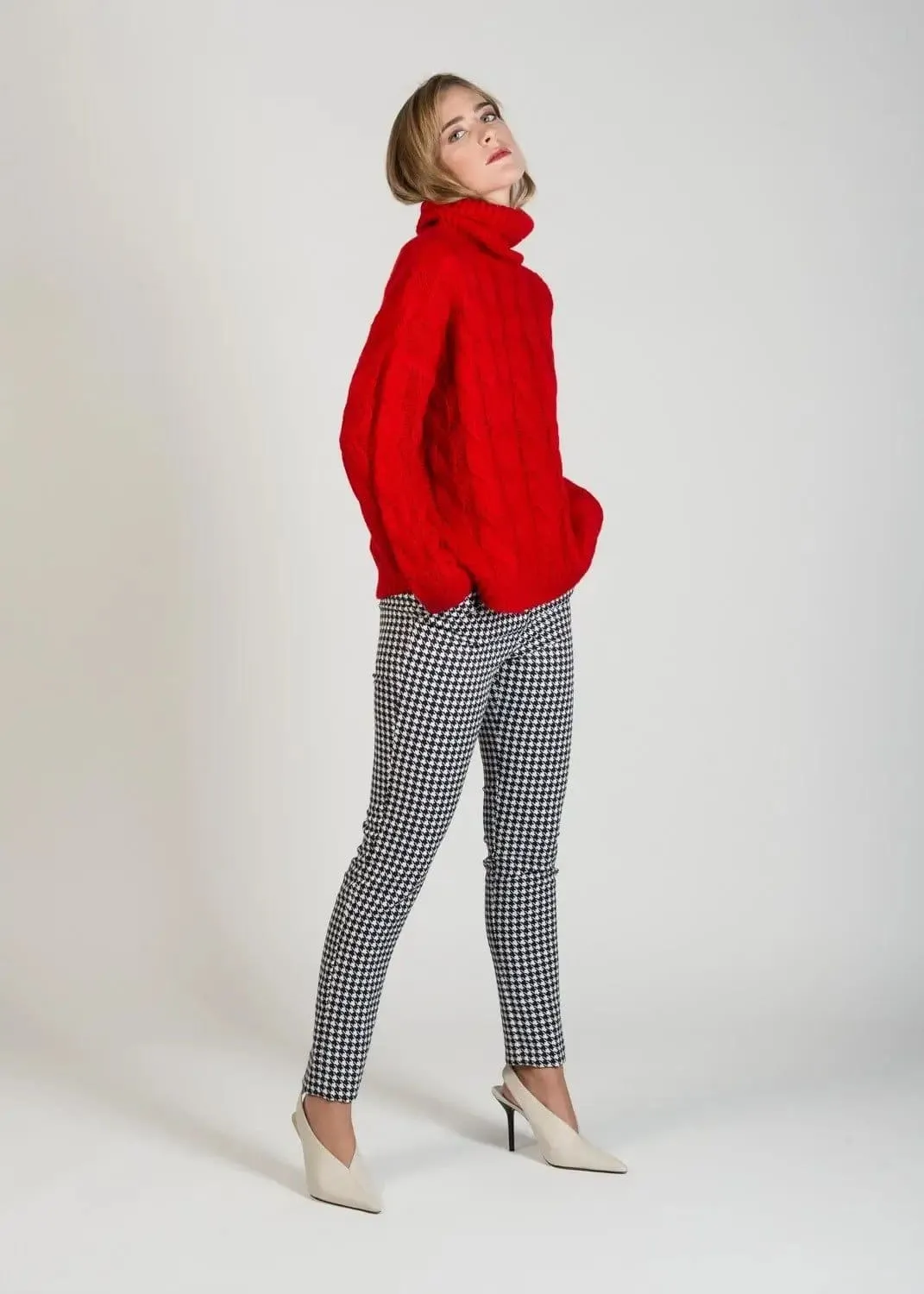 Warm Winter Red Cable Knit Jumper with Roll Neck by Linu