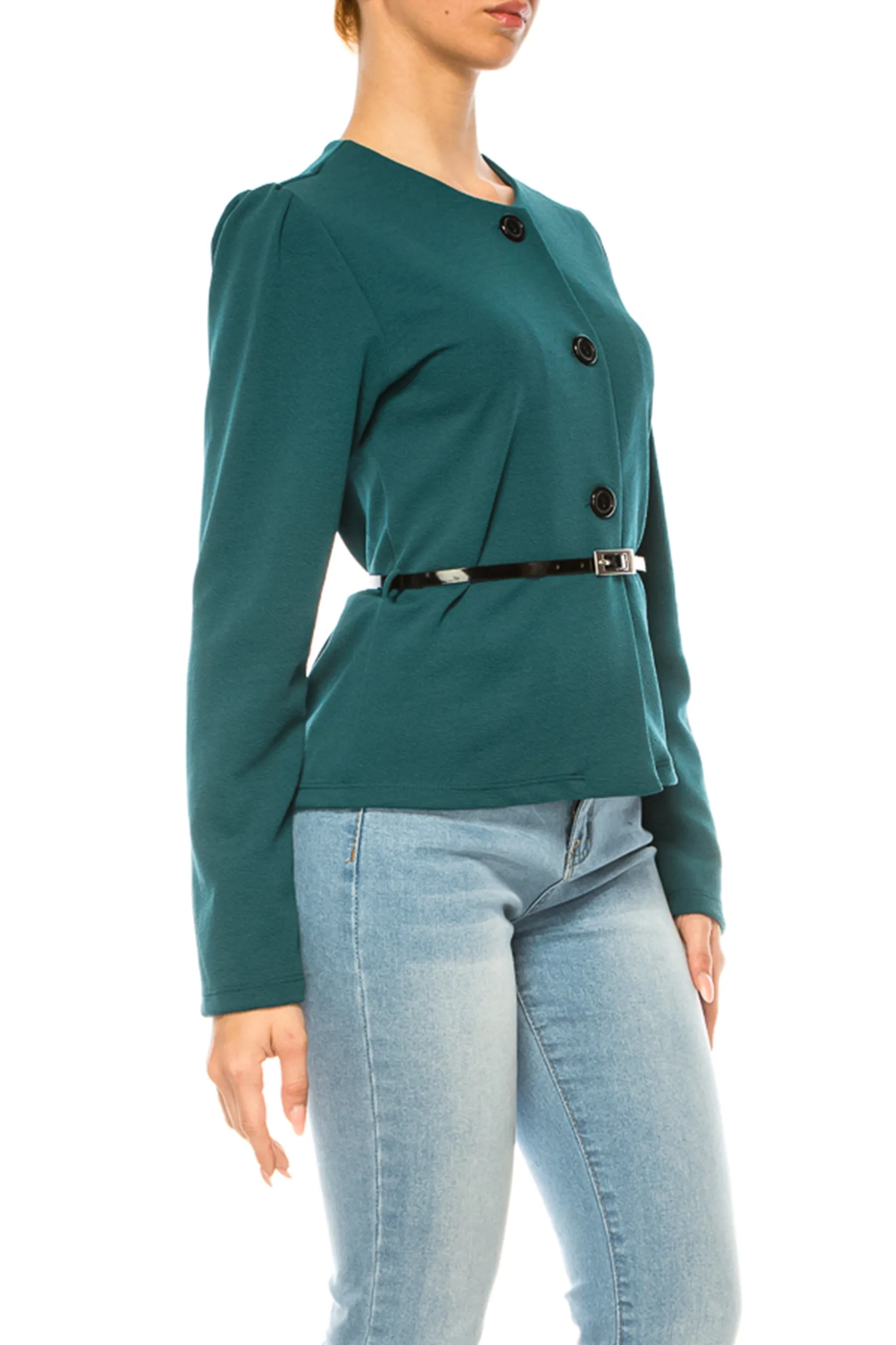 Women's Collarless Button Down Jacket with Belt Accent