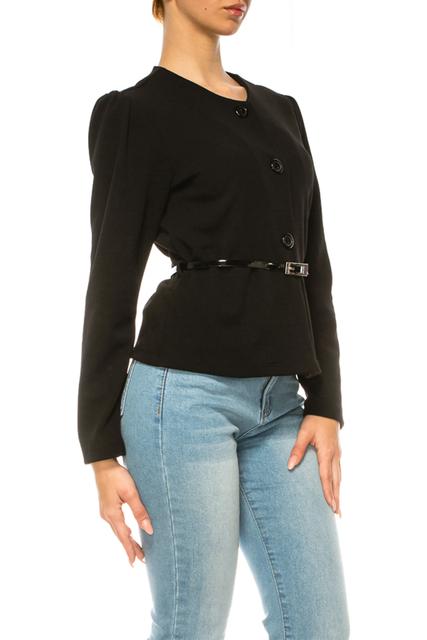 Women's Collarless Button Down Jacket with Belt Accent