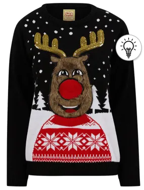 Women's Happy Vixen Motif LED Light Up Novelty Christmas Jumper in Jet Black - Merry Christmas