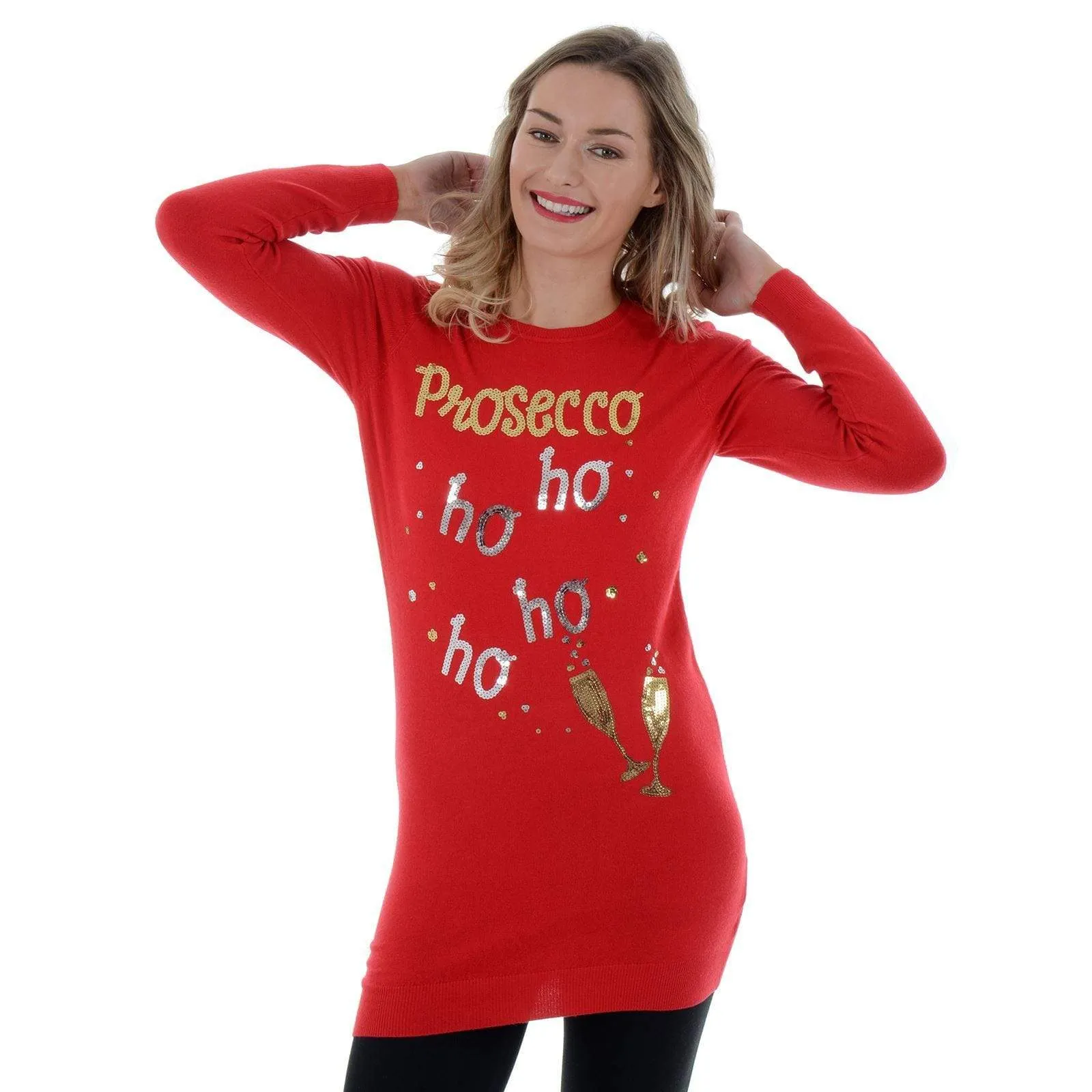 Womens Novelty Sequin Prosecco HO HO HO Tunic Christmas Jumper