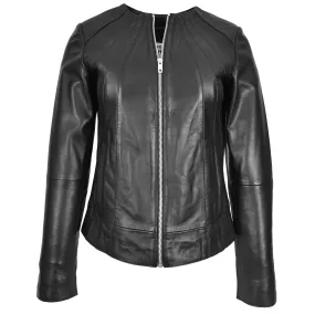 Womens Real Leather Collarless Jacket Classic Style Lottie Black