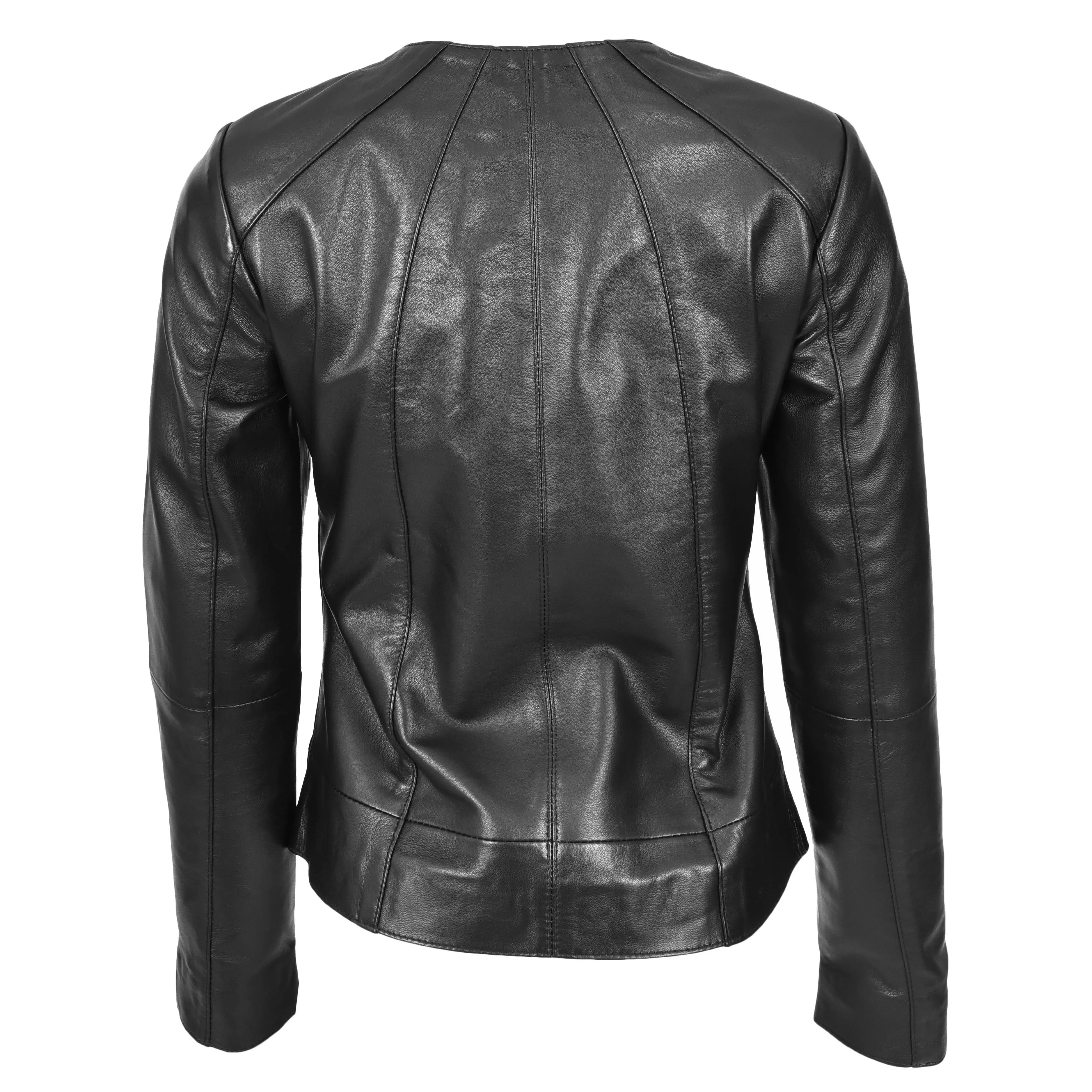 Womens Real Leather Collarless Jacket Classic Style Lottie Black