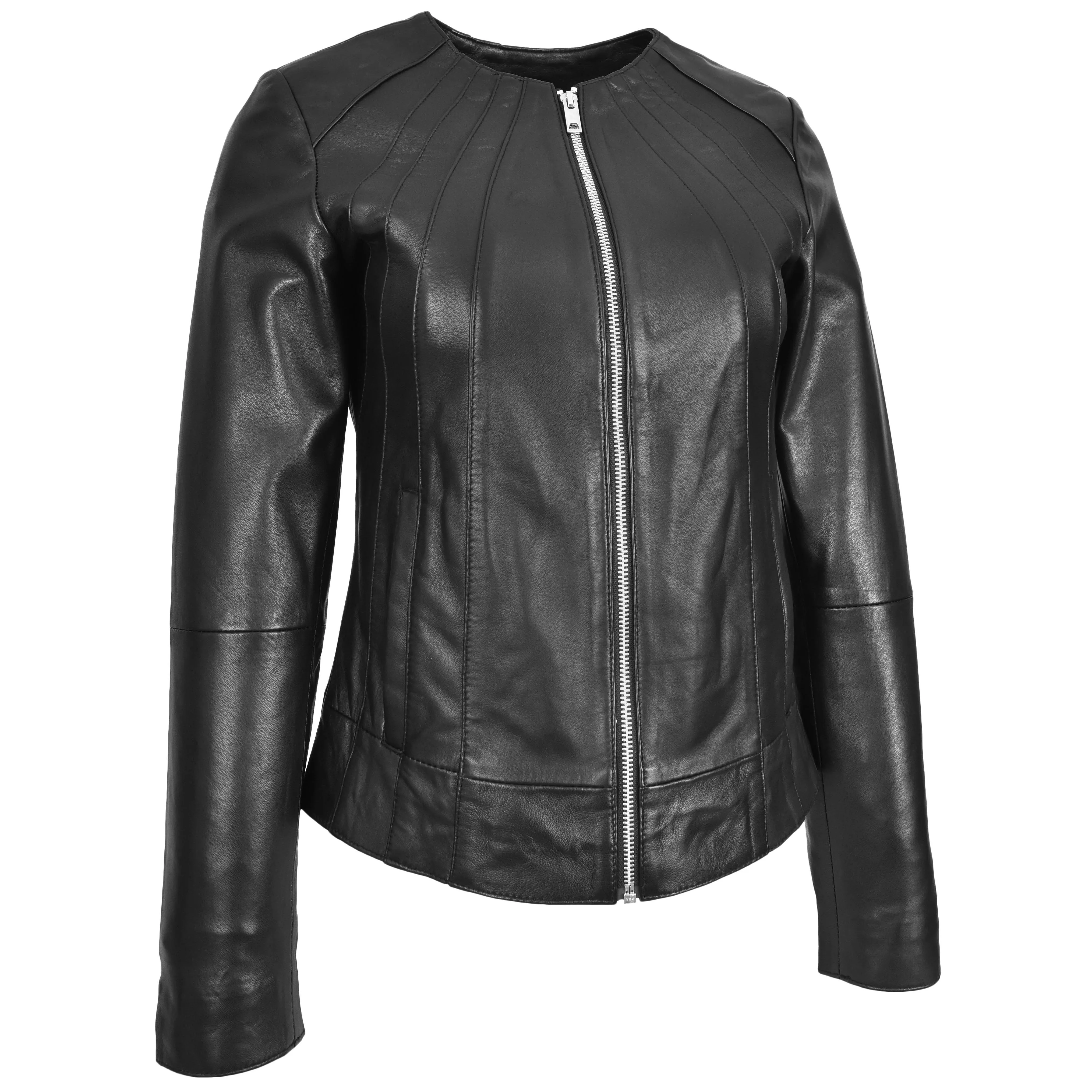 Womens Real Leather Collarless Jacket Classic Style Lottie Black