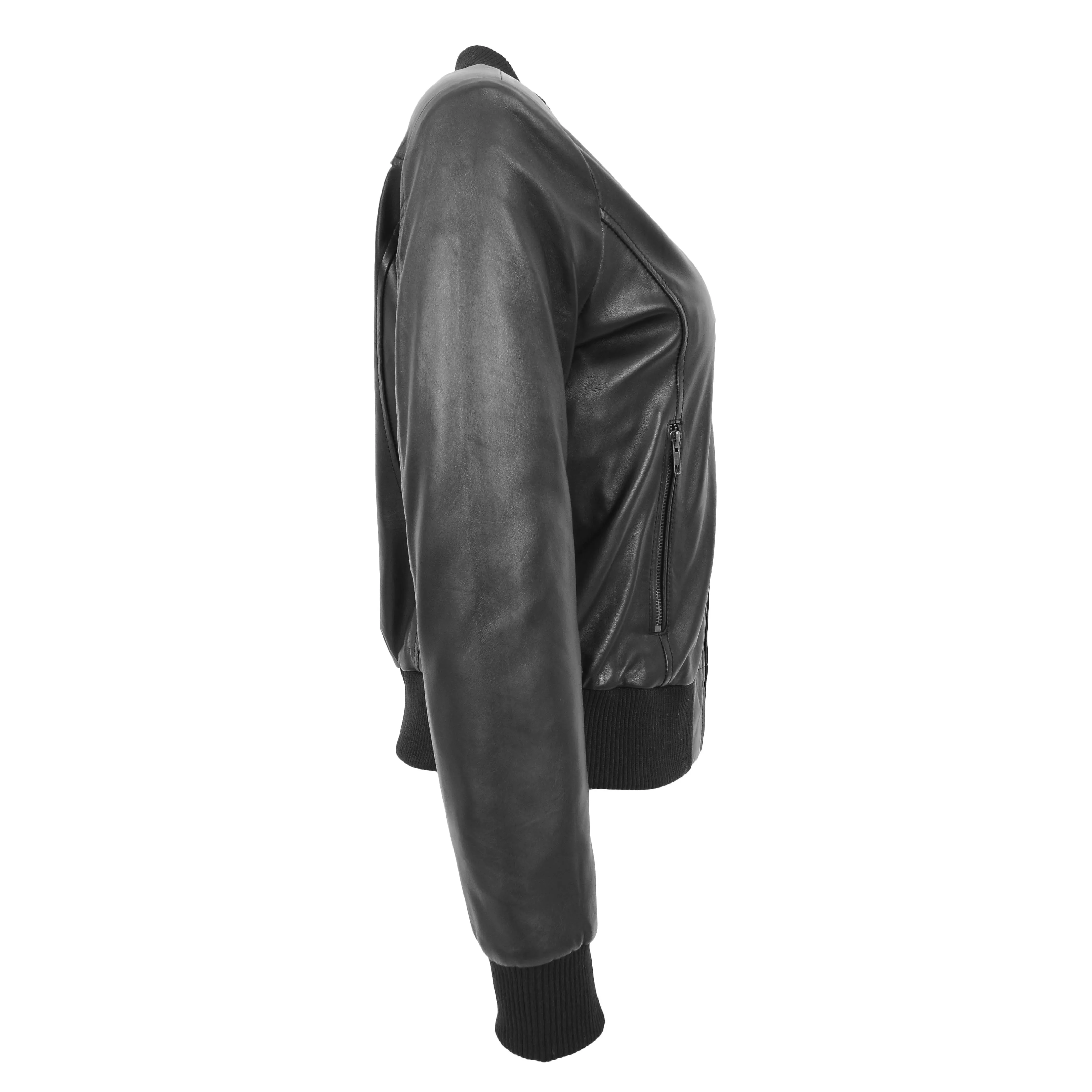 Womens Real Leather Varsity Bomber Jacket Faye Black