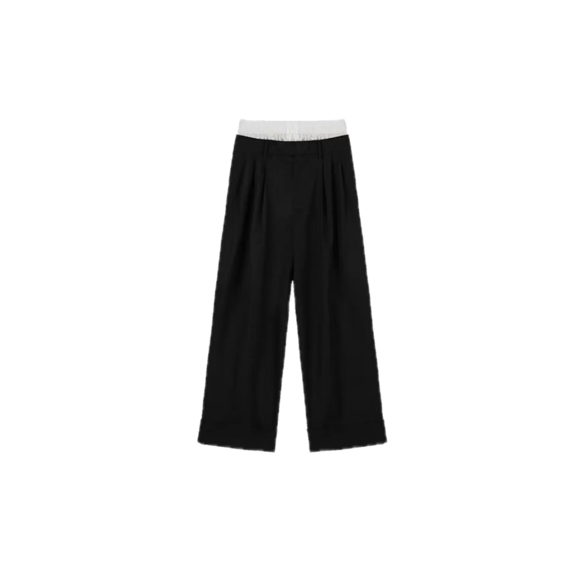 Wool Double Waistband Paneled Trousers in Black