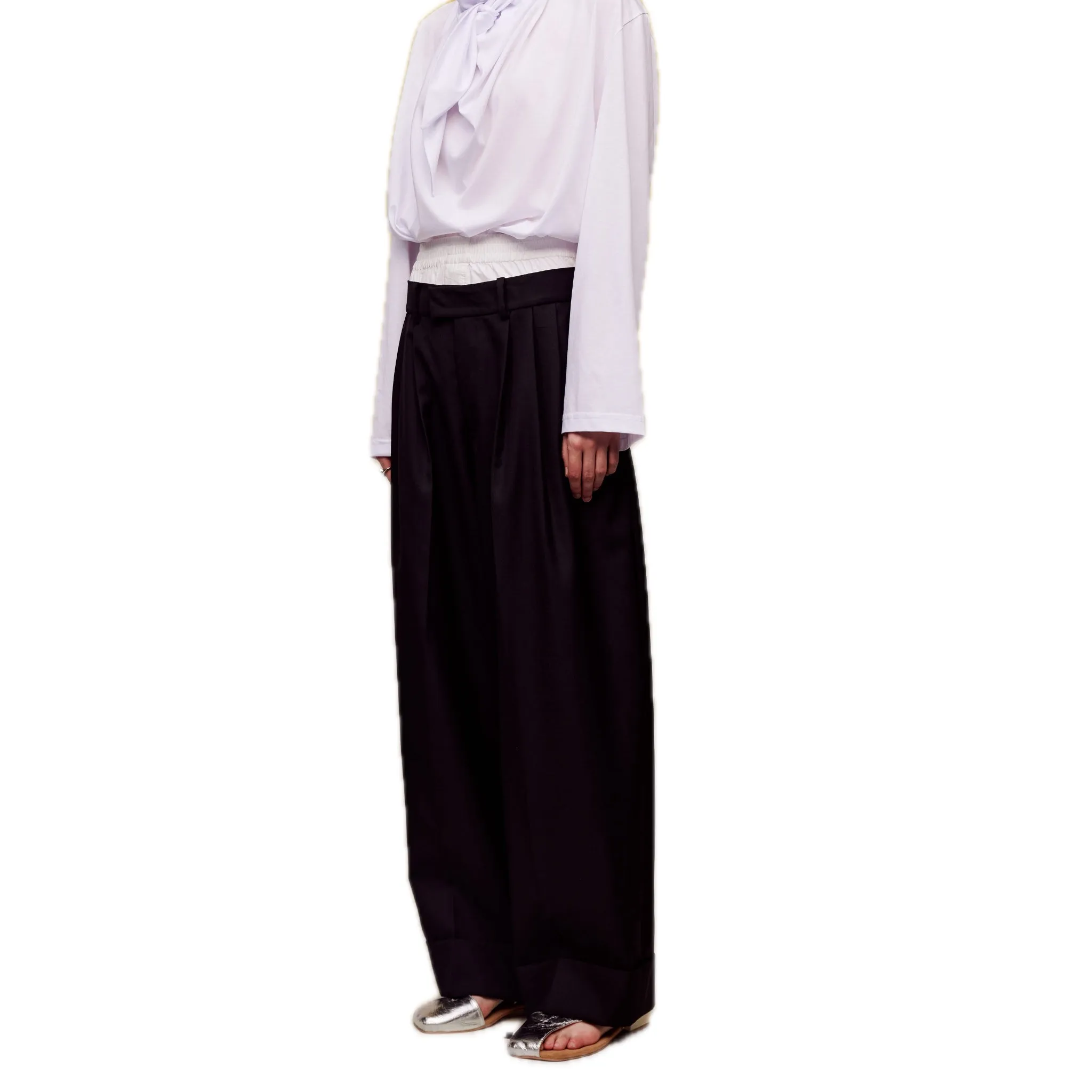 Wool Double Waistband Paneled Trousers in Black