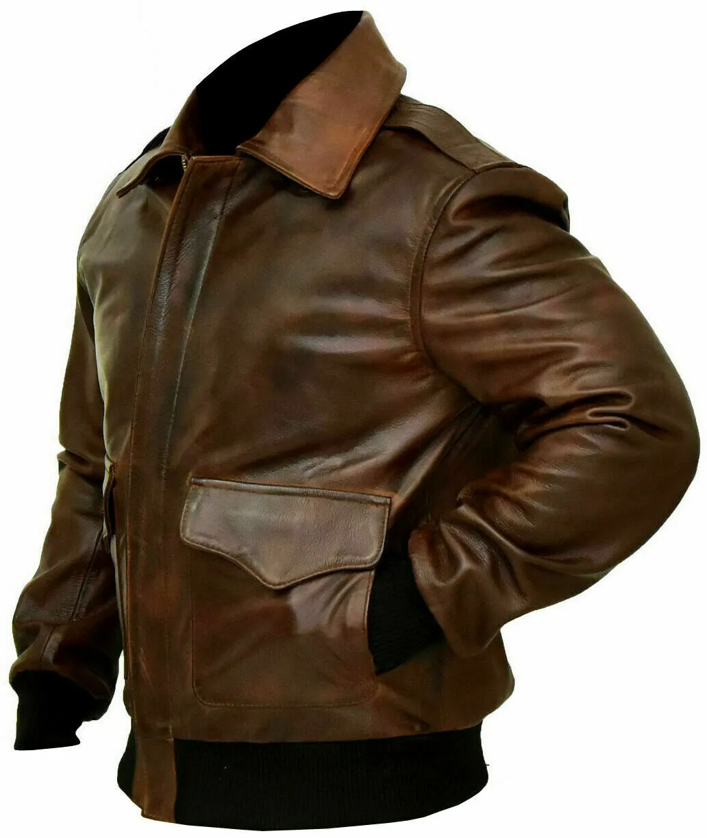 Wynara Distressed Brown Bomber Leather Jacket